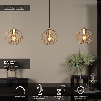 Lucide DANZA - Pendant light - 3xE27 - Matt Gold / Brass